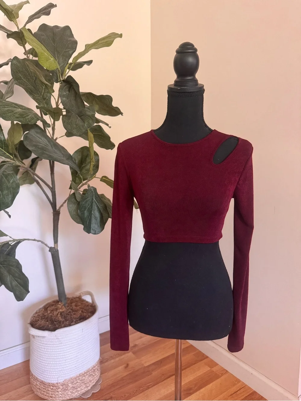Electrica Burgundy Asymmetrical Cutout Long-Sleeve Crop Top